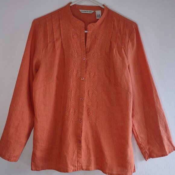 e-col-o-gie Tops - ecologie Embroidered Linen Blouse 3/4 Sleeve V-Neck Burnt Orange Size Medium